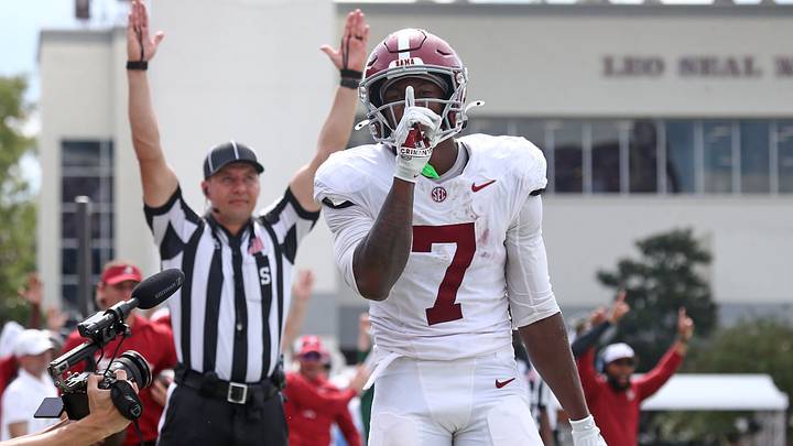 Oct 3, 2026; Starkville, Mississippi, USA; Alabama Crimson Tide wide receiver Rico Scott (7) reacts after a touchdown during the third quarter against the Mississippi State Bulldogs at Davis Wade Stadium at Scott Field. Mandatory Credit: Petre Thomas-Imagn Images