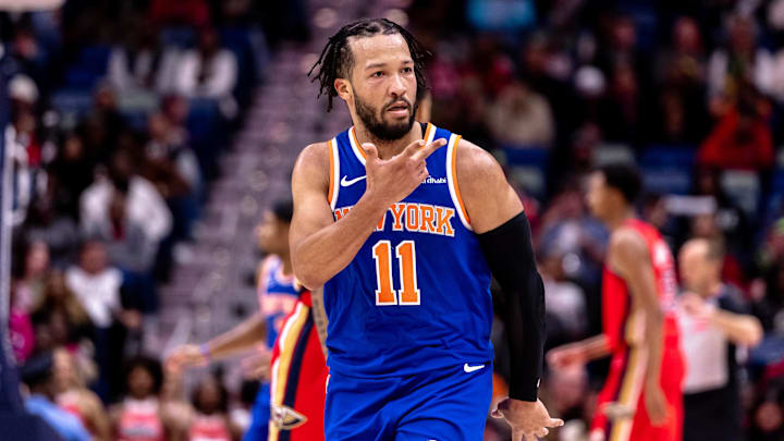 Dec 21, 2024; New Orleans, Louisiana, USA;  New York Knicks guard Jalen Brunson (11) looks to his bench after making a three point basket against the New Orleans Pelicans during the second half at Smoothie King Center. Mandatory Credit: Stephen Lew-Imagn Images