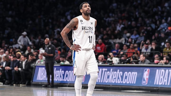 Jan 28, 2023; Brooklyn, New York, USA; Brooklyn Nets guard Kyrie Irving (11) looks up at the scoreboard in the second quarter against the New York Knicks at Barclays Center. Mandatory Credit: Wendell Cruz-Imagn Images Jan 28, 2023; Brooklyn, New York, USA; Brooklyn Nets guard Kyrie Irving (11) looks up at the scoreboard in the second quarter against the New York Knicks at Barclays Center. Mandatory Credit: Wendell Cruz-Imagn Images