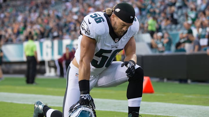 Sep 1, 2016; Philadelphia, PA, USA; Philadelphia Eagles linebacker Bryan Braman (56) prior to action against the New York Jets at Lincoln Financial Field. Mandatory Credit: Bill Streicher-Imagn Images Sep 1, 2016; Philadelphia, PA, USA; Philadelphia Eagles linebacker Bryan Braman (56) prior to action against the New York Jets at Lincoln Financial Field. Mandatory Credit: Bill Streicher-Imagn Images