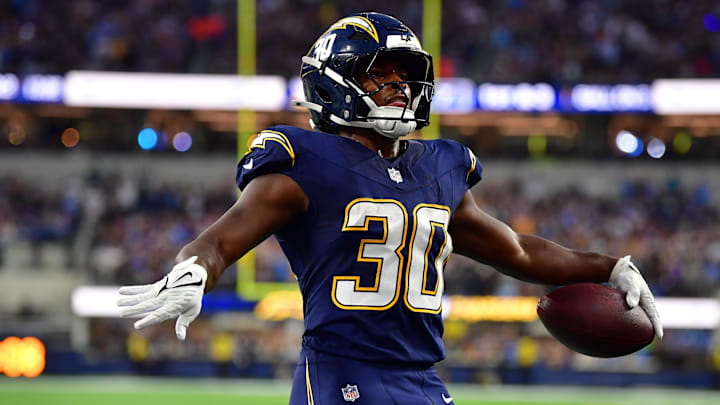 Oct 23, 2025; Inglewood, California, USA; Los Angeles Chargers running back Kimani Vidal (30) reacts after scoring a touchdown 