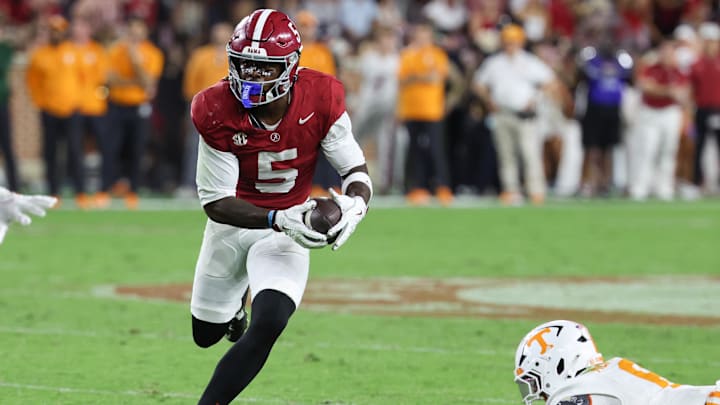 Oct 18, 2025; Tuscaloosa, Alabama, USA; Alabama Crimson Tide wide receiver Germie Bernard (5) runs with the ball in the third quarter against the Tennessee Volunteers at Saban Field at Bryant-Denny Stadium. Mandatory Credit: David Leong-Imagn Images