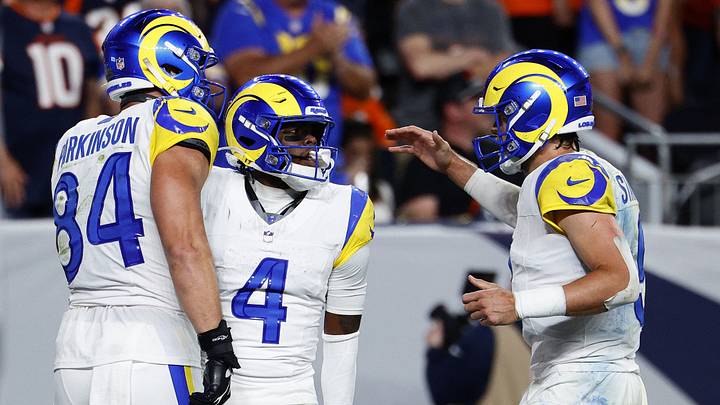 Sep 27, 2026; Denver, Colorado, USA; Los Angeles Rams wide receiver Konata Mumpfield (4) celebrates with quarterback Matthew Stafford (9) and tight end Colby Parkinson (84) after scoring a touchdown against the Denver Broncos during the second half at Empower Field at Mile High. Mandatory Credit: Isaiah J. Downing-Imagn Images Sep 27, 2026; Denver, Colorado, USA; Los Angeles Rams wide receiver Konata Mumpfield (4) celebrates with quarterback Matthew Stafford (9) and tight end Colby Parkinson (84) after scoring a touchdown against the Denver Broncos during the second half at Empower Field at Mile High. Mandatory Credit: Isaiah J. Downing-Imagn Images