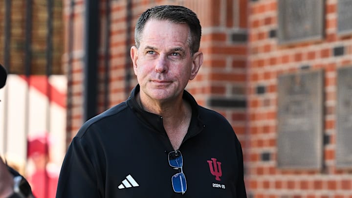 Sep 27, 2025; Iowa City, Iowa, USA; Indiana Hoosiers head coach Curt Cignetti enters Kinnick Stadium before the game against the Iowa Hawkeyes. Mandatory Credit: Jeffrey Becker-Imagn Images