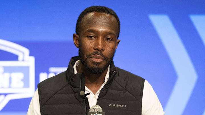 Feb 27, 2024; Indianapolis, IN, USA; Minnesota Vikings general manager Kwesi Adofo-Mensah talks to the media at the 2024 NFL Combine at Indiana Convention Center.