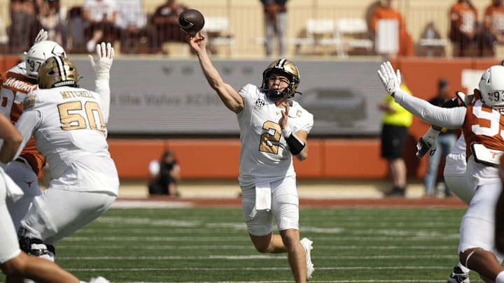 Nov 1, 2025; Austin, Texas, USA; Vanderbilt Commodores quarterback Diego Pavia (2) throws a pass during the first half against the Texas Longhorns at Darrell K Royal-Texas Memorial Stadium. Mandatory Credit: Scott Wachter-Imagn Images