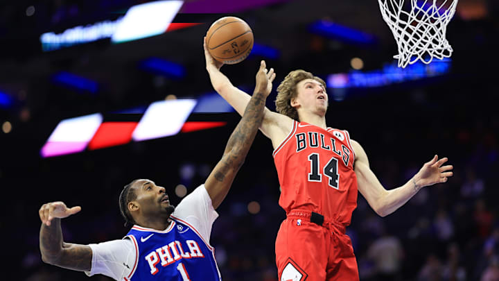 Feb 24, 2025; Philadelphia, Pennsylvania, USA; Chicago Bulls forward Matas Buzelis (14) drives