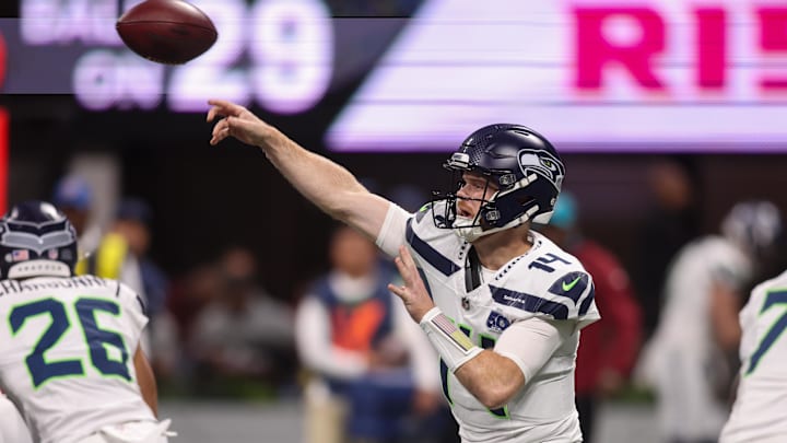 Seahawks quarterback Sam Darnold throwing the ball in the Week 14 game against the Atlanta Falcons. Seahawks quarterback Sam Darnold throwing the ball in the Week 14 game against the Atlanta Falcons.