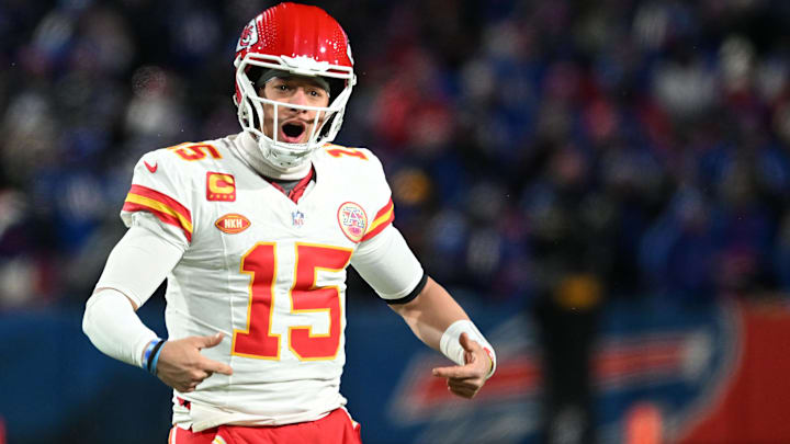 Jan 21, 2024; Orchard Park, New York, USA; Kansas City Chiefs quarterback Patrick Mahomes (15)