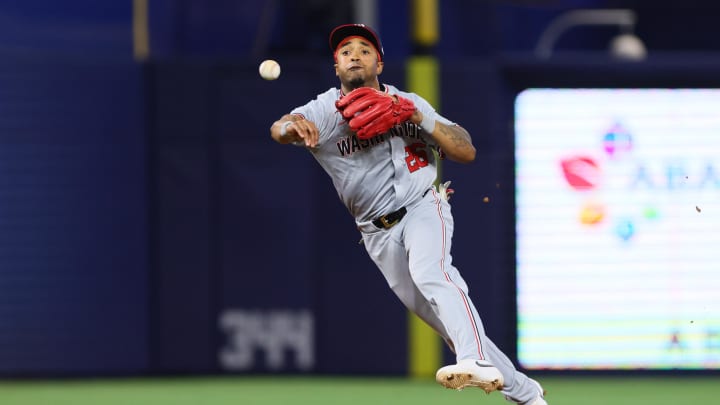 Apr 27, 2024; Miami, Florida, USA; Washington Nationals shortstop Nasim Nunez (26) throws to first base to retire Miami Marlins shortstop Tim Anderson (not pictured) during the eighth inning at loanDepot Park.