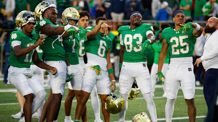 Notre Dame celebrates winning a NCAA college football game 31-24 against Louisville at Notre Dame Stadium on Saturday, Sept. 28, 2024, in South Bend. Notre Dame celebrates winning a NCAA college football game 31-24 against Louisville at Notre Dame Stadium on Saturday, Sept. 28, 2024, in South Bend.