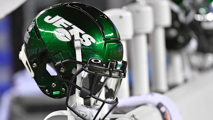Aug 12, 2022; Philadelphia, Pennsylvania, USA; New York Jets helmet on the sidelines against the Philadelphia Eagles at Lincoln Financial Field. Mandatory Credit: Eric Hartline-Imagn Images