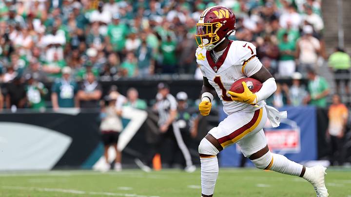Sep 13, 2026; Philadelphia, Pennsylvania, USA; Washington Commanders RB Rachaad White (1) returns a kick against the Philadelphia Eagles during the 1st half at Lincoln Financial Field. Mandatory Credit: Bill Streicher