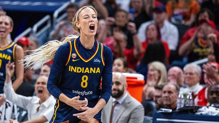 Sep 22, 2026; Indianapolis, Indiana, USA; Indiana Fever guard Sophie Cunningham (8) celebrates a made shot in the first half against the Minnesota Lynx at Gainbridge Fieldhouse. Mandatory Credit: Trevor Ruszkowski-Imagn Images Sep 22, 2026; Indianapolis, Indiana, USA; Indiana Fever guard Sophie Cunningham (8) celebrates a made shot in the first half against the Minnesota Lynx at Gainbridge Fieldhouse. Mandatory Credit: Trevor Ruszkowski-Imagn Images