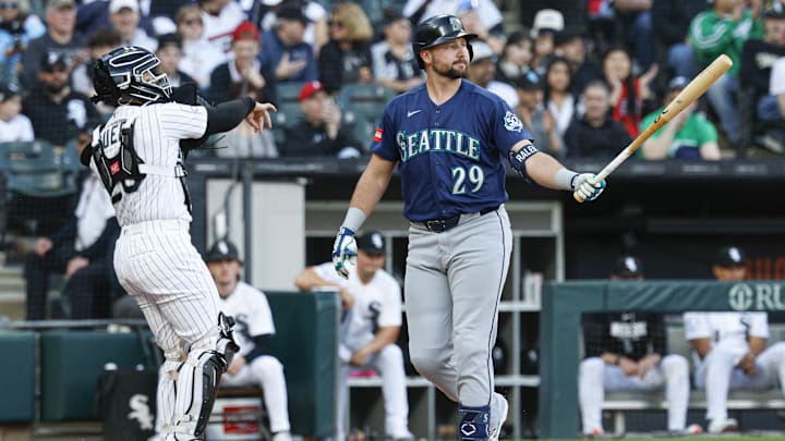 May 9, 2026; Chicago, Illinois, USA; Seattle Mariners designated hitter Cal Raleigh (29) reacts after striking out against the Chicago White Sox during the first inning at Rate Field. Mandatory Credit: Kamil Krzaczynski-Imagn Images