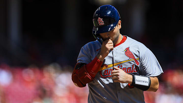 Aug 31, 2025; Cincinnati, Ohio, USA; St. Louis Cardinals catcher Jimmy Crooks (8) reacts after hitting a solo home run in the seventh inning against the Cincinnati Reds at Great American Ball Park. Mandatory Credit: Katie Stratman-Imagn Images