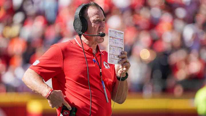 Sep 24, 2023; Kansas City, Missouri, USA; Kansas City Chiefs defensive coordinator Steve Spagnuolo watches play against the Chicago Bears during the game at GEHA Field at Arrowhead Stadium. Mandatory Credit: Denny Medley-Imagn Images Sep 24, 2023; Kansas City, Missouri, USA; Kansas City Chiefs defensive coordinator Steve Spagnuolo watches play against the Chicago Bears during the game at GEHA Field at Arrowhead Stadium. Mandatory Credit: Denny Medley-Imagn Images