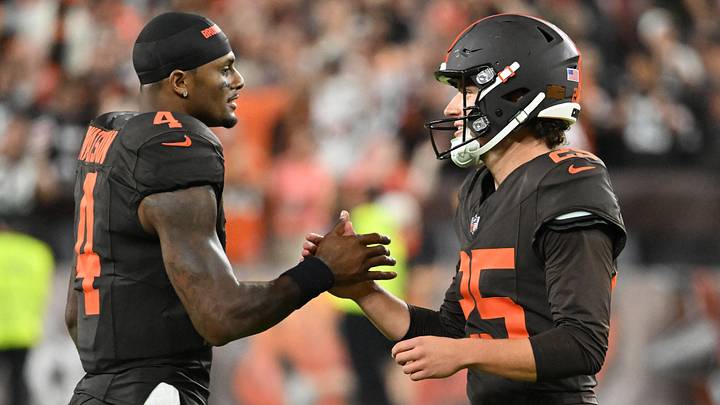 Oct 1, 2026; Cleveland, Ohio, USA; Cleveland Browns kicker Andre Szmyt (25) reacts with quarterback Deshaun Watson (4) after making a game winning field goal against the Pittsburgh Steelers in the second half at Huntington Bank Field. Mandatory Credit: Ken Blaze-Imagn Images Oct 1, 2026; Cleveland, Ohio, USA; Cleveland Browns kicker Andre Szmyt (25) reacts with quarterback Deshaun Watson (4) after making a game winning field goal against the Pittsburgh Steelers in the second half at Huntington Bank Field. Mandatory Credit: Ken Blaze-Imagn Images