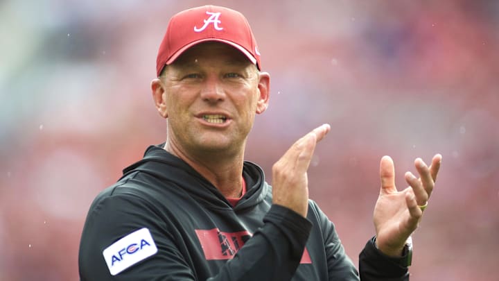 Aug 31, 2024; Tuscaloosa, Alabama, USA; Alabama Crimson Tide head coach Kalen DeBoer coaches his players during warm ups before their game against the Western Kentucky Hilltoppers at Bryant-Denny Stadium. Mandatory Credit: Will McLelland-Imagn Images Aug 31, 2024; Tuscaloosa, Alabama, USA; Alabama Crimson Tide head coach Kalen DeBoer coaches his players during warm ups before their game against the Western Kentucky Hilltoppers at Bryant-Denny Stadium. Mandatory Credit: Will McLelland-Imagn Images