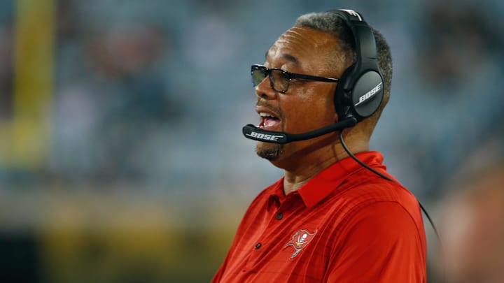 Tampa Bay Buccaneers defensive line coach Jay Hayes on the sidelines during the second half of an NFL football game against the Jacksonville Jaguars at EverBank Field. Tampa Bay Buccaneers defensive line coach Jay Hayes on the sidelines during the second half of an NFL football game against the Jacksonville Jaguars at EverBank Field.