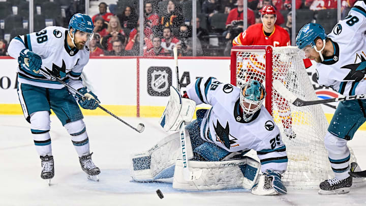 Feb 15, 2024; Calgary, Alberta, CAN; San Jose Sharks goaltender Mackenzie Blackwood (29) keeps his