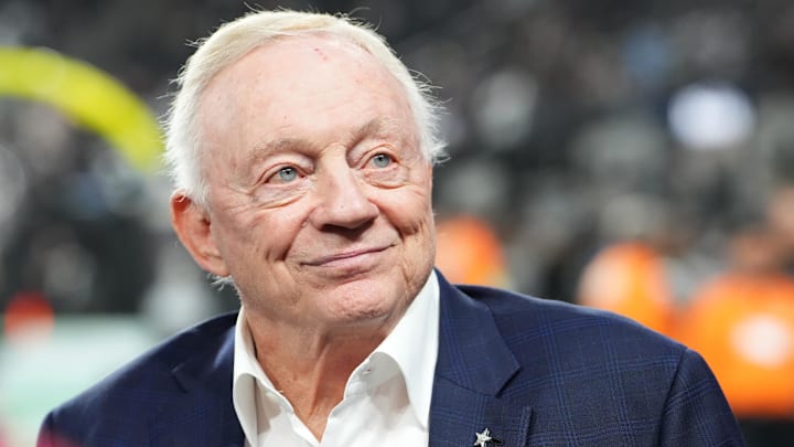 Dallas Cowboys owner Jerry Jones during warmups against the Las Vegas Raiders at Allegiant Stadium. 