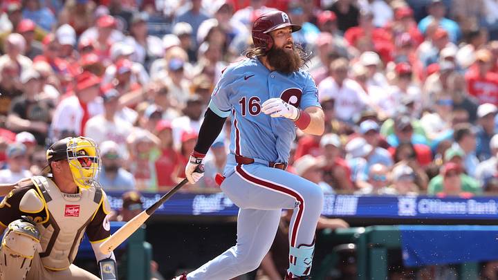 Jun 4, 2026; Philadelphia, Pennsylvania, USA; Philadelphia Phillies left fielder Brandon Marsh (16) hits into an RBI fielders choice during the seventh inning against the San Diego Padres at Citizens Bank Park. Mandatory Credit: Bill Streicher-Imagn Images Jun 4, 2026; Philadelphia, Pennsylvania, USA; Philadelphia Phillies left fielder Brandon Marsh (16) hits into an RBI fielders choice during the seventh inning against the San Diego Padres at Citizens Bank Park. Mandatory Credit: Bill Streicher-Imagn Images
