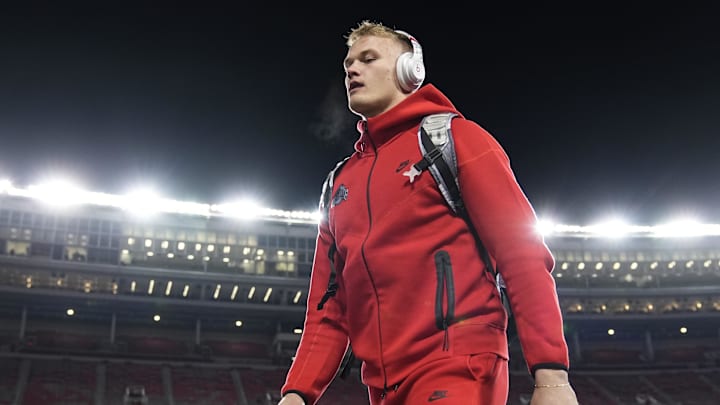 Dec 21, 2024; Columbus, Ohio, USA; Ohio State Buckeyes quarterback Lincoln Kienholz arrives on the field prior to their first round College Football Playoff game against the Tennessee Volunteers at Ohio Stadium.
