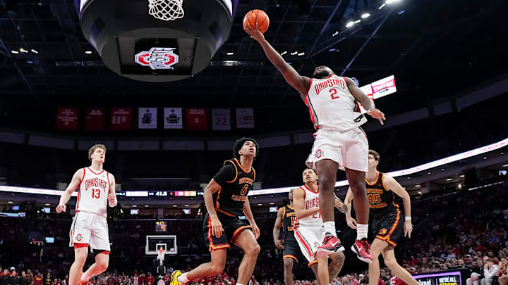 Ohio State Buckeyes guard Bruce Thornton (2) shoots over USC Trojans forward Jacob Cofie (6) during the second half of the NCAA men's basketball game at the Schottenstein Center on Feb. 11, 2026. Ohio State won 89-82.