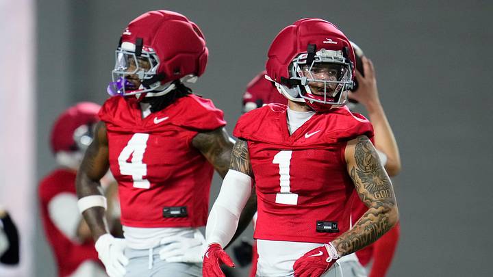 Ohio State Buckeyes wide receivers Brandon Inniss (1) and Jeremiah Smith (4) line up during the first day of spring workouts for the 2026 football season at Woody Hayes Athletic Complex in Columbus on March 10, 2026.