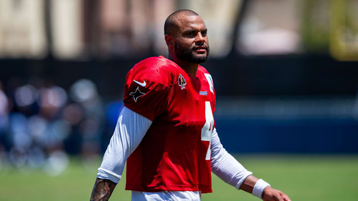 Dallas Cowboys quarterback Dak Prescott during training camp at the Marriott Residence Inn-River Ridge playing fields in Oxnard. 