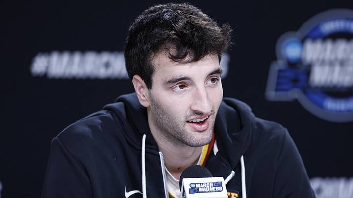 Mar 26, 2026; Chicago, IL, USA; Iowa State Cyclones forward Milan Momcilovic (22) speaks ahead of the Midwest regional of the men's 2026 NCAA Tournament at United Center. Mandatory Credit: Kamil Krzaczynski-Imagn Images