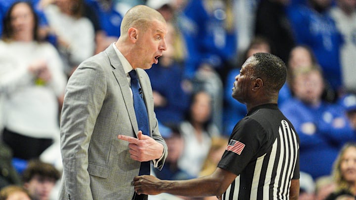 Kentucky head coach Mark Pope questioned a referee during the game against Auburn in SEC basketball at Rupp Arena Saturday afternoon in Lexington, Kentucky March 1, 2025