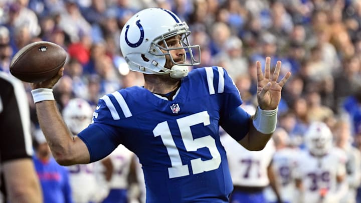 Nov 10, 2024; Indianapolis, Indiana, USA; Indianapolis Colts quarterback Joe Flacco (15) throws a pass during the second half against the Buffalo Bills at Lucas Oil Stadium.