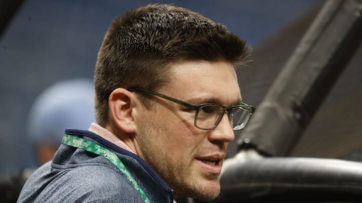 Oct 6, 2021; Tampa, Florida, USA; Tampa Bay Rays president Erik Neander during the ALDS workout day against the Boston Red Sox at Tropicana Field. 