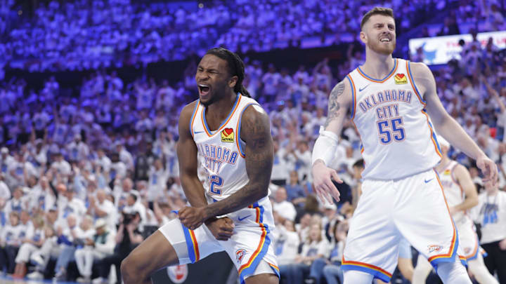 Apr 20, 2025; Oklahoma City, Oklahoma, USA; Oklahoma City Thunder guard Cason Wallace (22) celebrates after scoring against the Memphis Grizzlies during the second quarter at Paycom Center. Mandatory Credit: Alonzo Adams-Imagn Images Apr 20, 2025; Oklahoma City, Oklahoma, USA; Oklahoma City Thunder guard Cason Wallace (22) celebrates after scoring against the Memphis Grizzlies during the second quarter at Paycom Center. Mandatory Credit: Alonzo Adams-Imagn Images