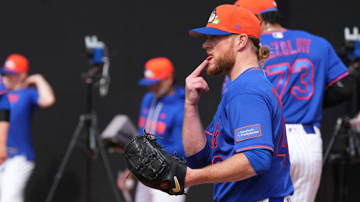 Feb 11, 2026; Port St. Lucie, FL, USA;  New York Mets pitcher Craig Kimbrel (46) throws during spring training. Mandatory Credit: Jim Rassol-Imagn Images