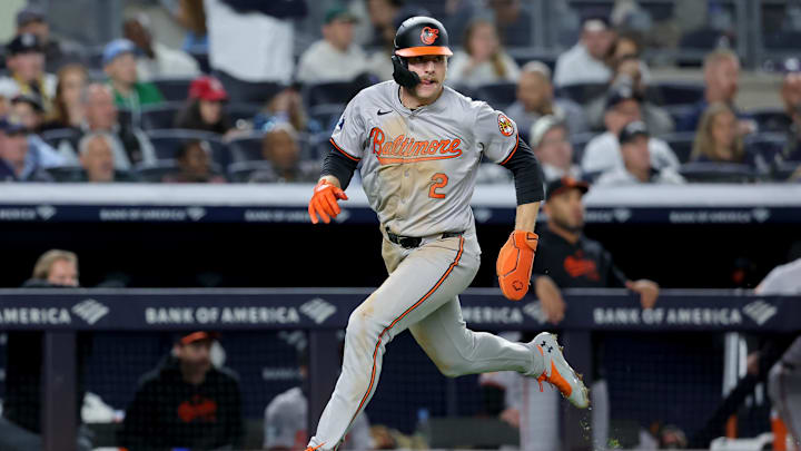 Sep 25, 2024; Bronx, New York, USA; Baltimore Orioles shortstop Gunnar Henderson (2) scores a run against the New York Yankees on a double by right fielder Anthony Santander (not pictured) during the fourth inning at Yankee Stadium. Sep 25, 2024; Bronx, New York, USA; Baltimore Orioles shortstop Gunnar Henderson (2) scores a run against the New York Yankees on a double by right fielder Anthony Santander (not pictured) during the fourth inning at Yankee Stadium.