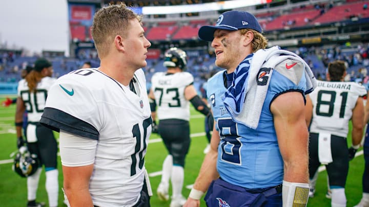 Tennessee Titans quarterback Will Levis (8) talks to Jacksonville Jaguars quarterback Mac Jones (10) after the game at Nissan Stadium in Nashville, Tenn., Sunday, Dec. 8, 2024.