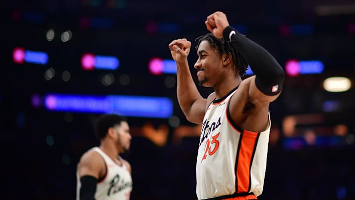 Dec 23, 2024; Los Angeles, California, USA; Detroit Pistons guard Jaden Ivey (23) celebrates the victory against the Los Angeles Lakers at Crypto.com Arena. Mandatory Credit: Gary A. Vasquez-Imagn Images