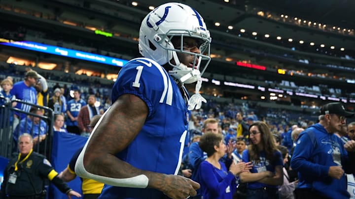 Dec 28, 2025; Indianapolis, Indiana, USA; Indianapolis Colts cornerback Sauce Gardner (1) before a game against the Jacksonville Jaguars at Lucas Oil Stadium. 
