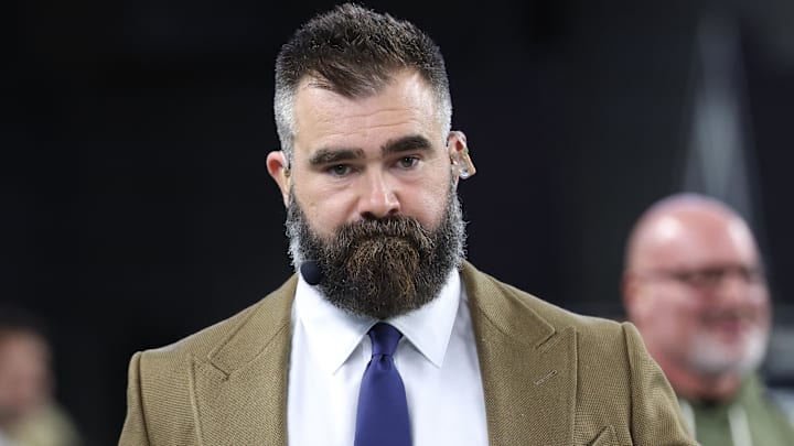 Nov 3, 2025; Arlington, Texas, USA; Jason Kelce looks on before the game between the Dallas Cowboys and the Arizona Cardinals at AT&T Stadium. Mandatory Credit: Kevin Jairaj-Imagn Images