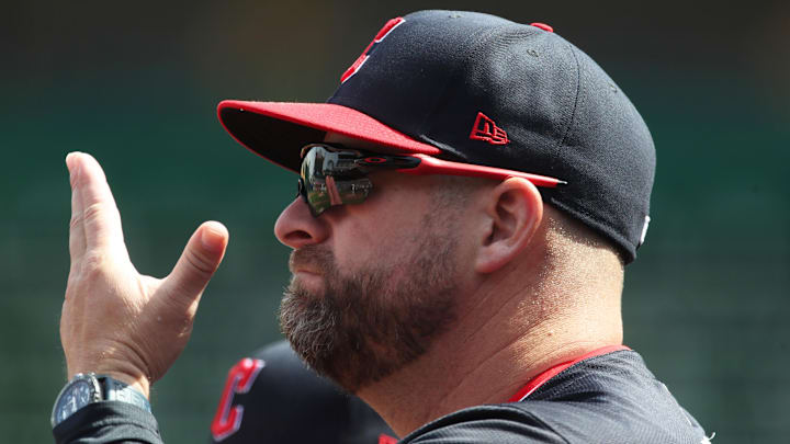 Apr 20, 2025; Pittsburgh, Pennsylvania, USA; Cleveland Guardians manager Stephen Vogt (12) gestures from the dugout against the Pittsburgh Pirates during the fifth inning at PNC Park. Mandatory Credit: Charles LeClaire-Imagn Images Apr 20, 2025; Pittsburgh, Pennsylvania, USA; Cleveland Guardians manager Stephen Vogt (12) gestures from the dugout against the Pittsburgh Pirates during the fifth inning at PNC Park. Mandatory Credit: Charles LeClaire-Imagn Images