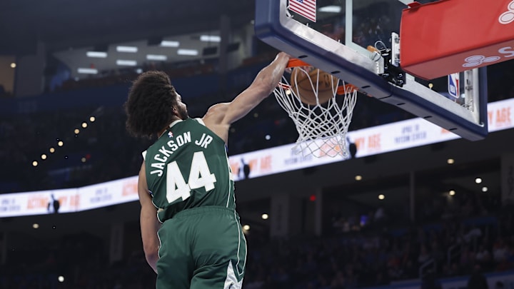 Feb 3, 2025; Oklahoma City, Oklahoma, USA; Milwaukee Bucks guard Andre Jackson Jr. (44) dunks against the Oklahoma City Thunder during the second quarter at Paycom Center. Mandatory Credit: Alonzo Adams-Imagn Images