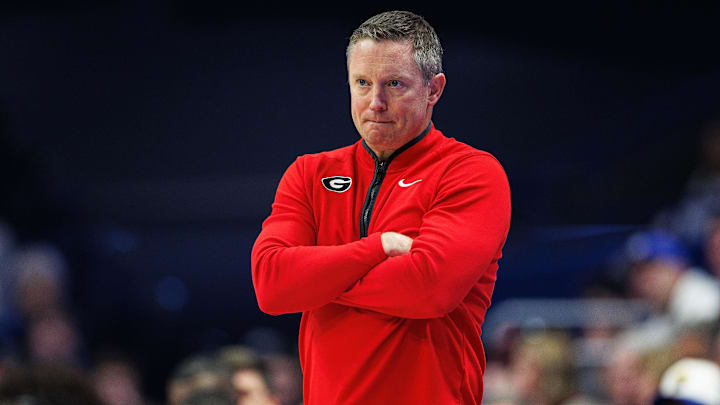 Feb 17, 2026; Lexington, Kentucky, USA; Georgia Bulldogs head coach Mike White watches the action during the first half against the Kentucky Wildcats at Rupp Arena at Central Bank Center. Mandatory Credit: Jordan Prather-Imagn Images