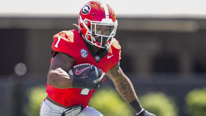 Apr 13, 2024; Athens, GA, USA; Georgia Bulldogs running back Trevor Etienne (1) runs with the ball during the G-Day Game at Sanford Stadium. Mandatory Credit: Dale Zanine-USA TODAY Sports Apr 13, 2024; Athens, GA, USA; Georgia Bulldogs running back Trevor Etienne (1) runs with the ball during the G-Day Game at Sanford Stadium. Mandatory Credit: Dale Zanine-USA TODAY Sports