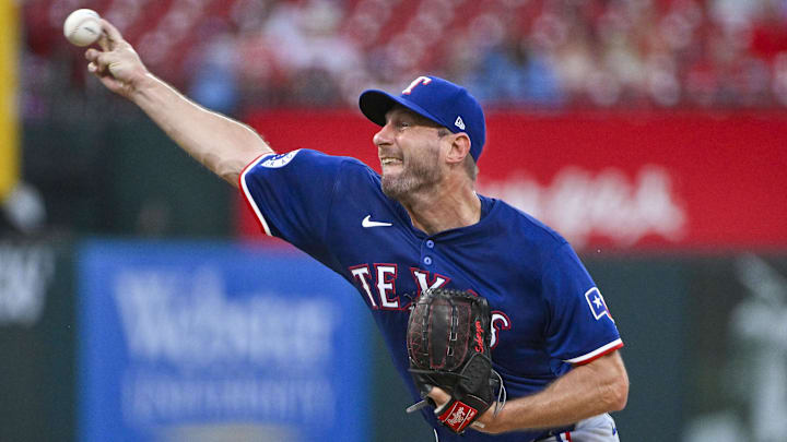 Jul 30, 2024; St. Louis, Missouri, USA;  Texas Rangers starting pitcher Max Scherzer (31) pitches against the St. Louis Cardinals during the second inning at Busch Stadium. 