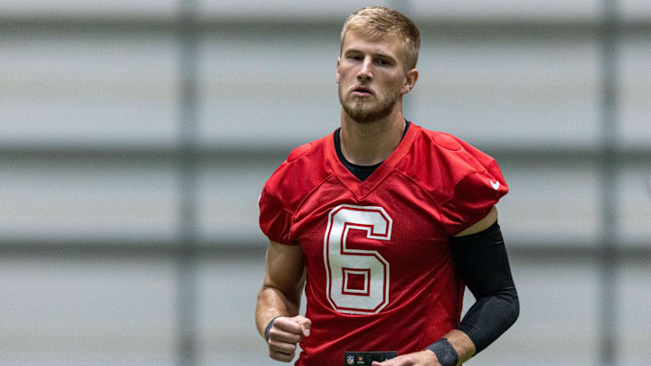 May 10, 2025; New Orleans, LA, USA;  New Orleans Saints quarterback Tyler Shough (6) during rookie minicamp at Ochsner Sports Performance Center. Mandatory Credit: Stephen Lew-Imagn Images