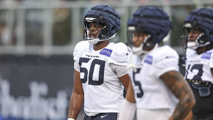Jul 27, 2024; Houston, TX, USA; Houston Texans defensive end Solomon Byrd (50) during training camp at Houston Methodist Training Center. Mandatory Credit: Troy Taormina-Imagn Images