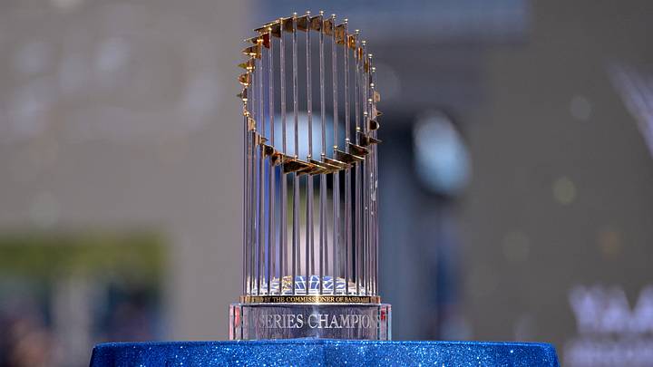 Nov 3, 2025; Los Angeles, CA, USA; Detailed view of the 2025 World Series Commissioners Trophy during the World Series celebration at Dodger Stadium. Mandatory Credit: Jayne Kamin-Oncea-Imagn Images